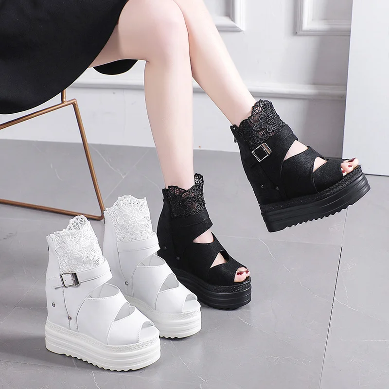 Pink Mesh Chunky Platform Sandals Women Fashion Metal Chains Wedge Heel Sandles Woman Summer Back Zipper Peep Toe High Top Shoes