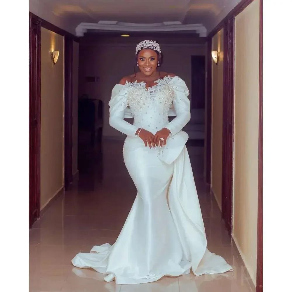 Robes de mariée sirène arabe ivoire personnalisées pour femmes dentelle perles perles cristaux perlés robes de mariée Sexy robes