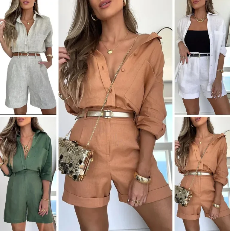 

New Commuting Two Piece Sets Women Outfits 2024 Spring Summer Lapel Shorts Suit Cardigan Long Sleeve Tops Loose Short Pants Belt