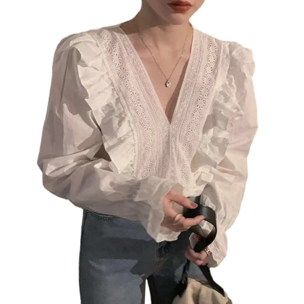 Women\'s Spring Elegant Ruffles Tops Casual V-Neck Long Sleeve Blouses Female Elegant Loose Tunic White Blouses Fashion 2024