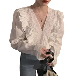 Women's Spring Elegant Ruffles Tops Casual V-Neck Long Sleeve Blouses Female Elegant Loose Tunic White Blouses Fashion 2024