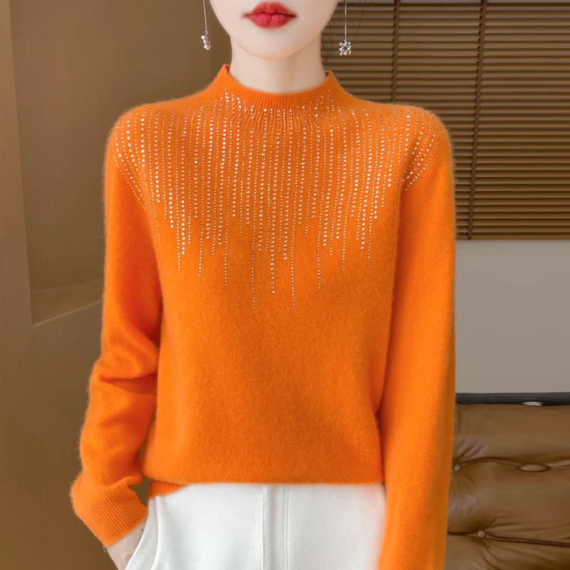 Women's semi-high collar 100% pure wool new autumn and winter new diamond-encrusted sweater Joker loose knit cashmere sweater