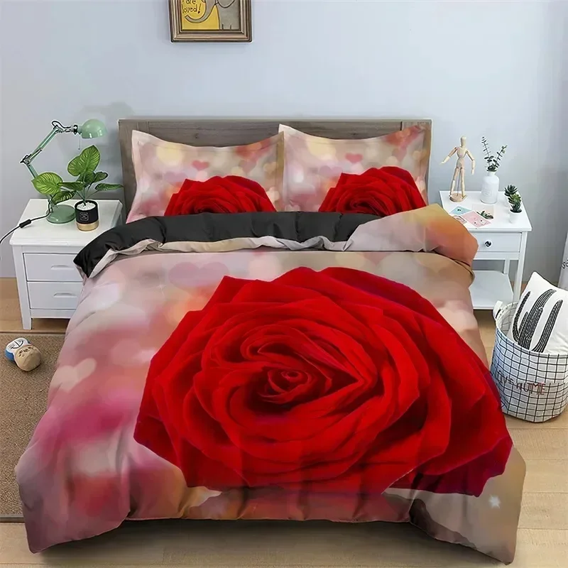 

3D Print Floral Red Rose Romantic Flowers Valentine's Day Comfortable Duvet Quilt Cover Pillowcase Bedding Set Children Bedroom