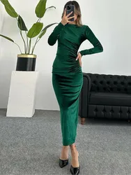 Fashion Solid Color Slim Velvet Dresses Women Folds Package Hip Bodycon Long Dress Temperament Lady Vestidos Autumn Winter New