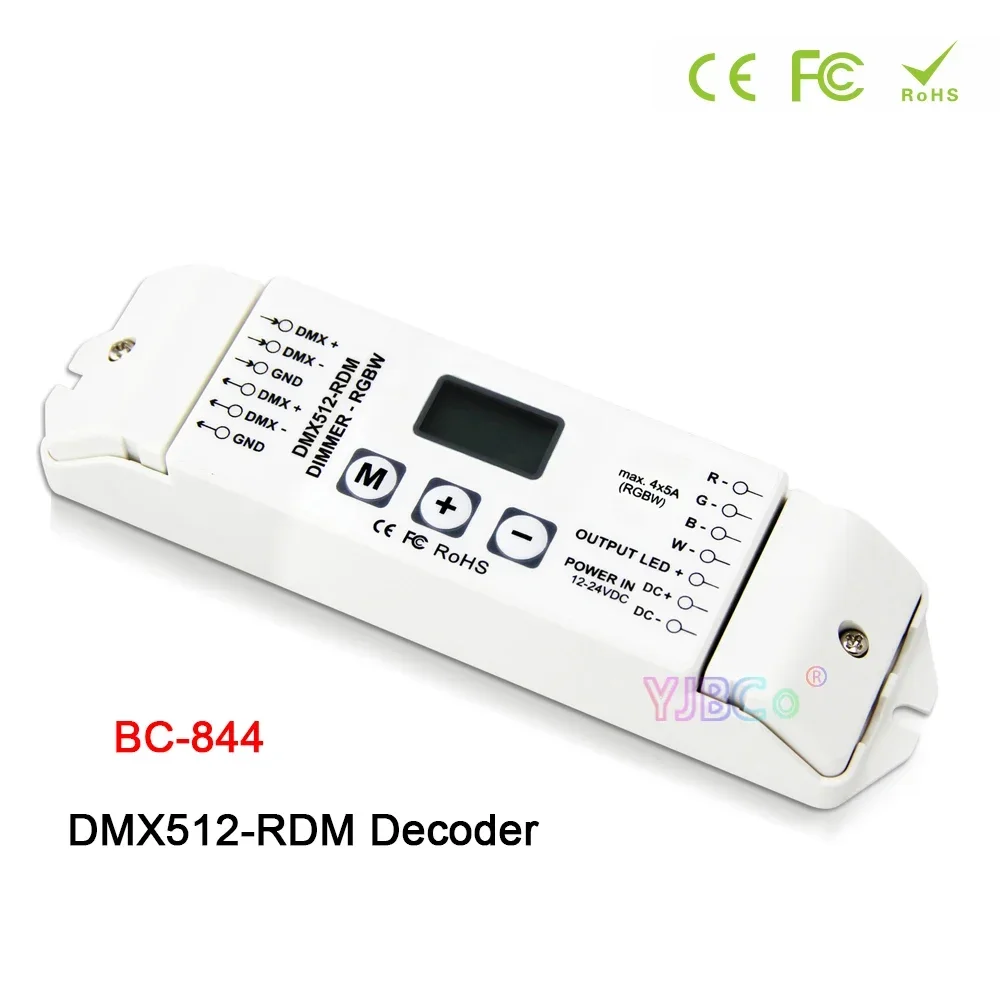 

BC-844 single color/CCT/RGB/RGBW LED Strip Controller 4 channel switch Dimmer 12V-24V Lights Tape DMX512 RDM Decoder OLED screen