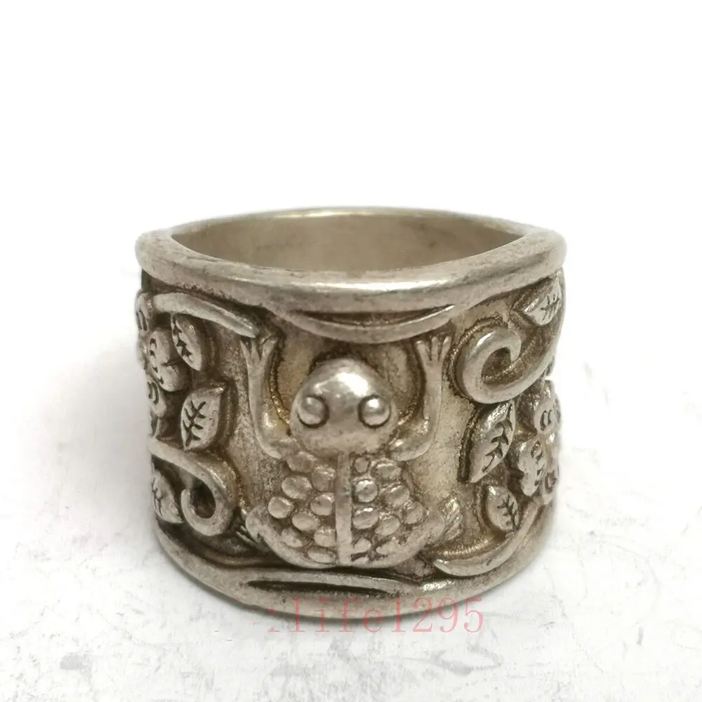 Superb Collection Old China Tibet Silver Handmade Lovely Frog Flower Ring Gift