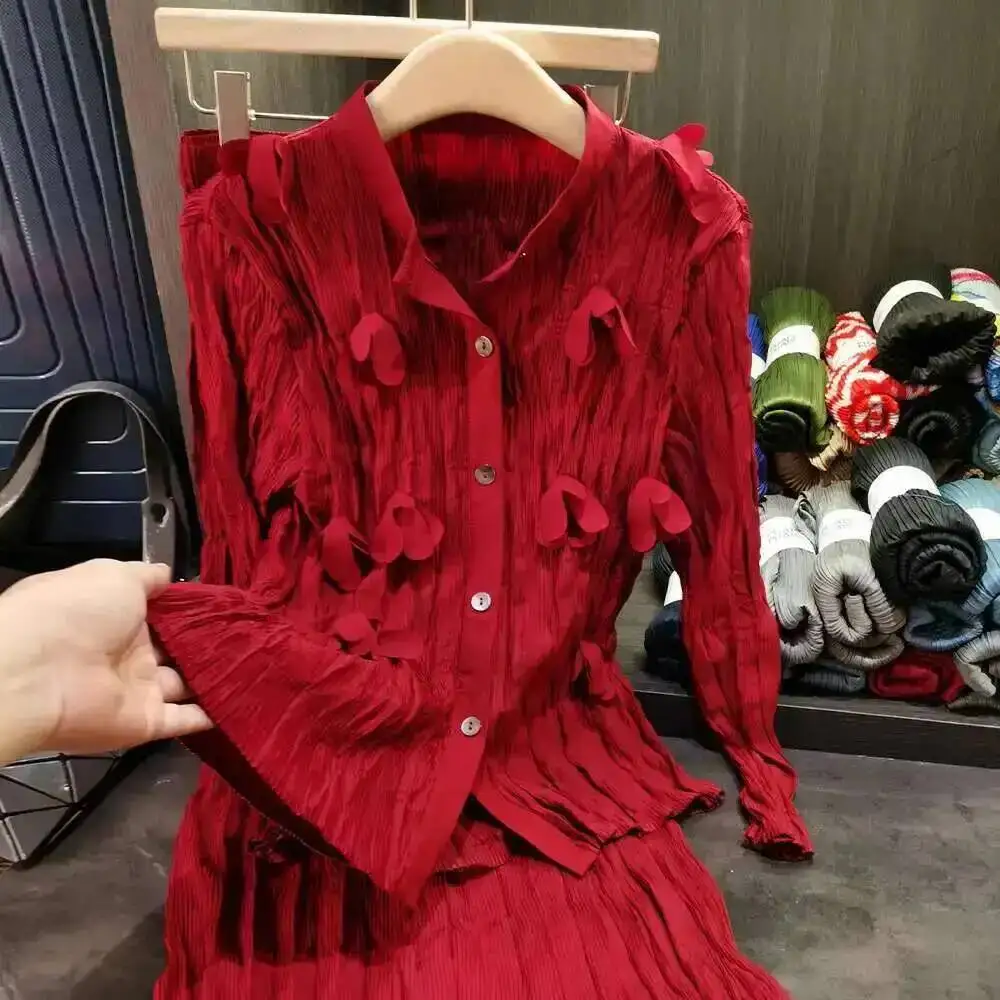 

Women's Wine Red Sets Design Niche Handmade Pleated Three-dimensional Flower Long Sleeve Shirt And Skirt Two-pie BQQJ