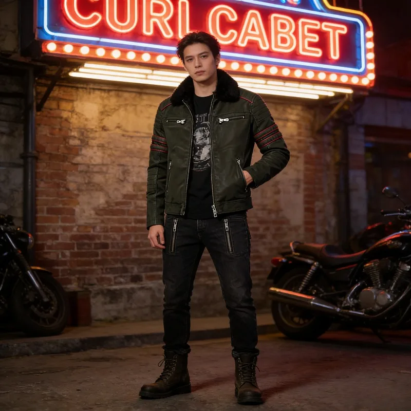 

Men Retro Leather Jacket Washed Motorcycle Coat Fleece Lined Warm Winter Biker Jacket Locomotive Style