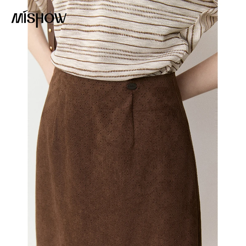 MISHOW Midi Skirts for Women Amber Shimmer Vintage Brown A-line Spliced Skirts 2026 Autumn Slim Fit Commuter Clothing MXF43B2597