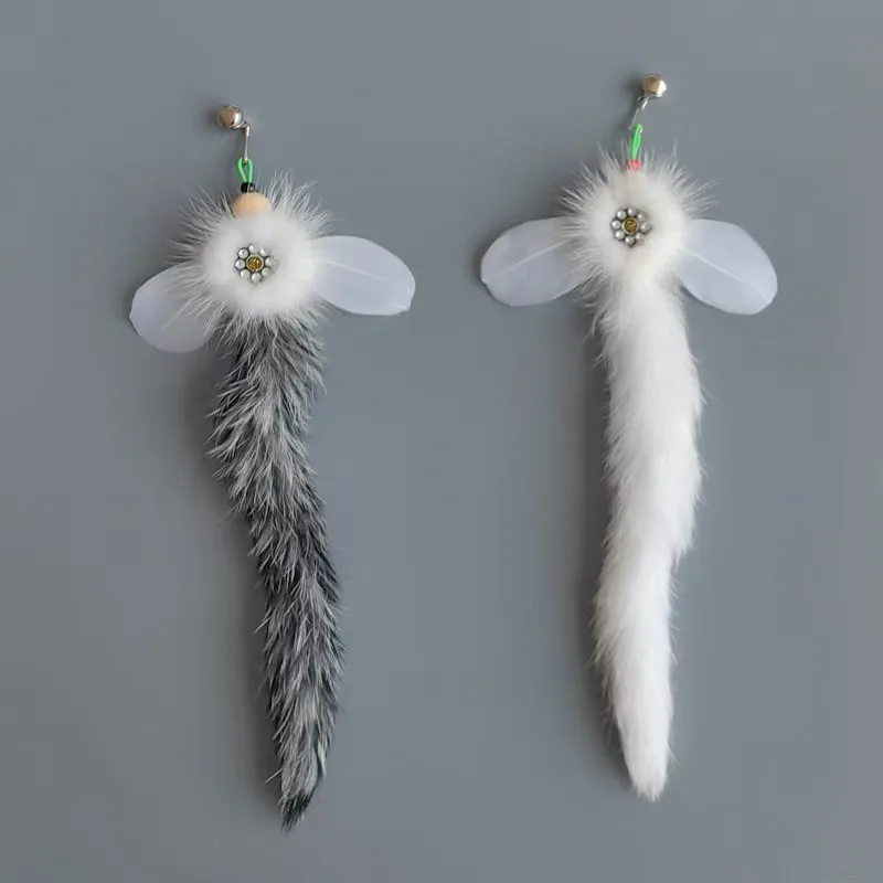 1/2pcs Plush Long Rabbit Hair Cat Toy Teaser Stick for Change Heads Pet Toys Wand Accessories
