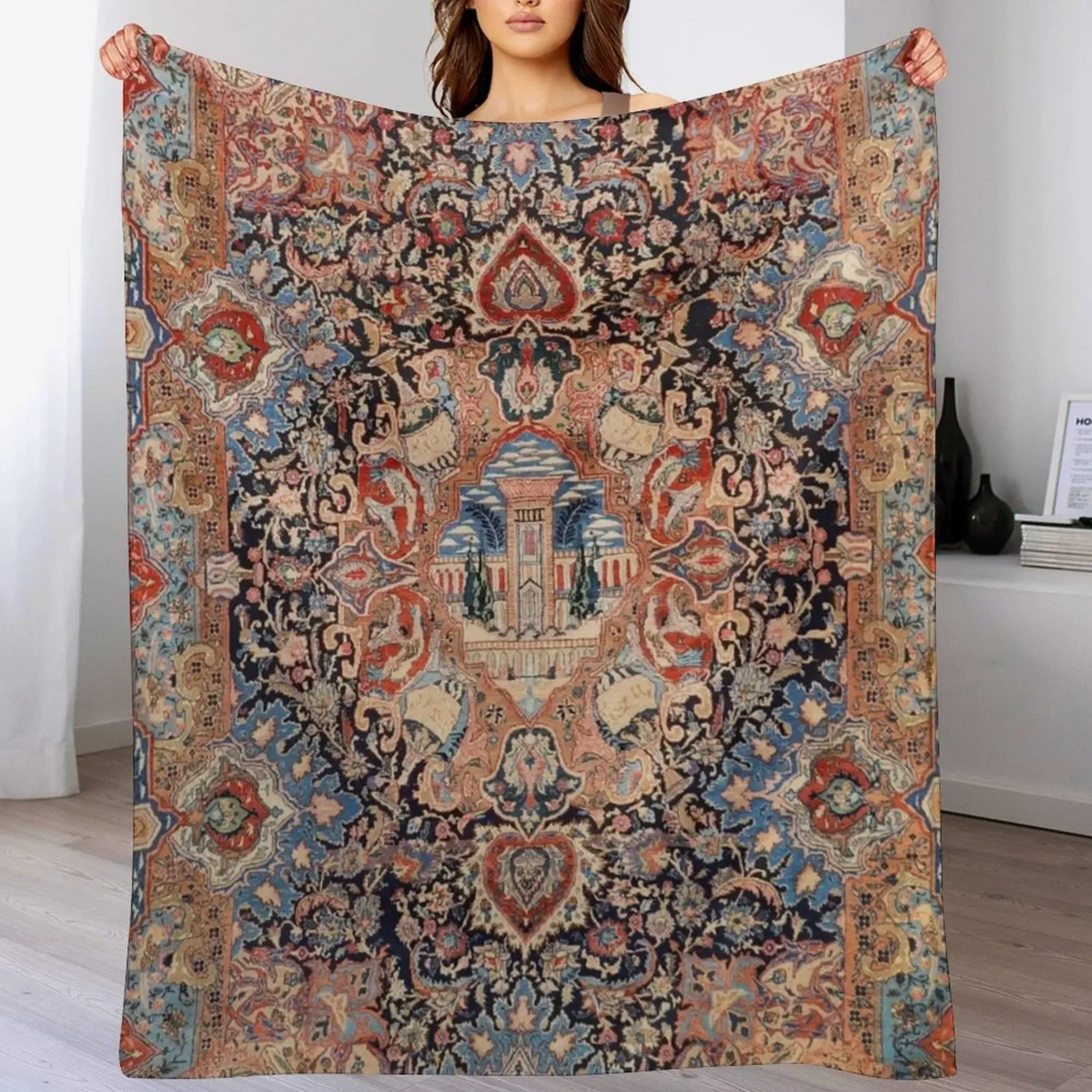 

Persia Carpet 19th Century Authentic Colorful Picture of a Black Blue and Red Rug Throw Blanket christmas gifts Blankets