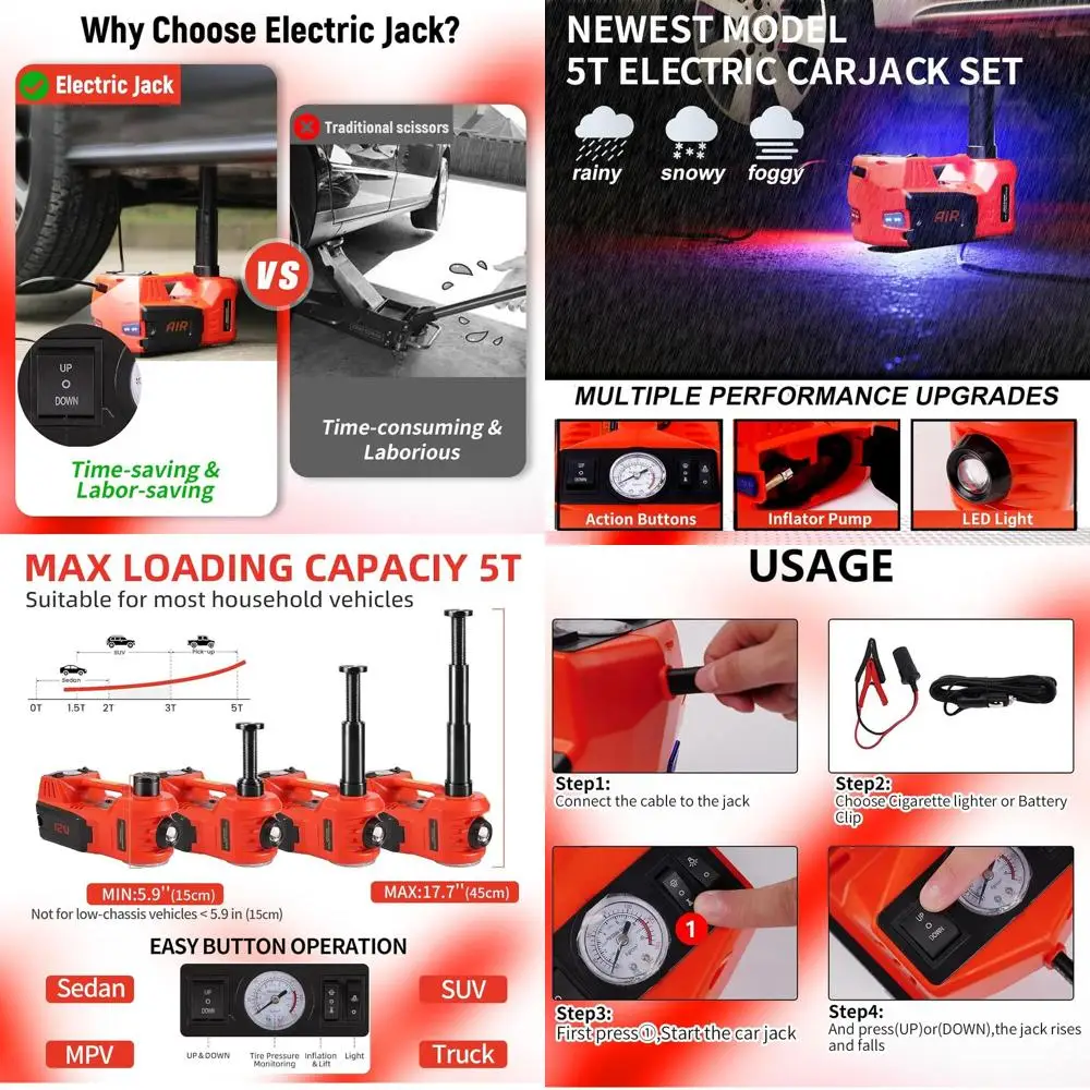 

Портативный электрический гидравлический домкрат 12В, 5 тонн, для внедорожников, седанов и грузовиков, с LED-подсветкой - диапазон подъема 17,7 дюйма