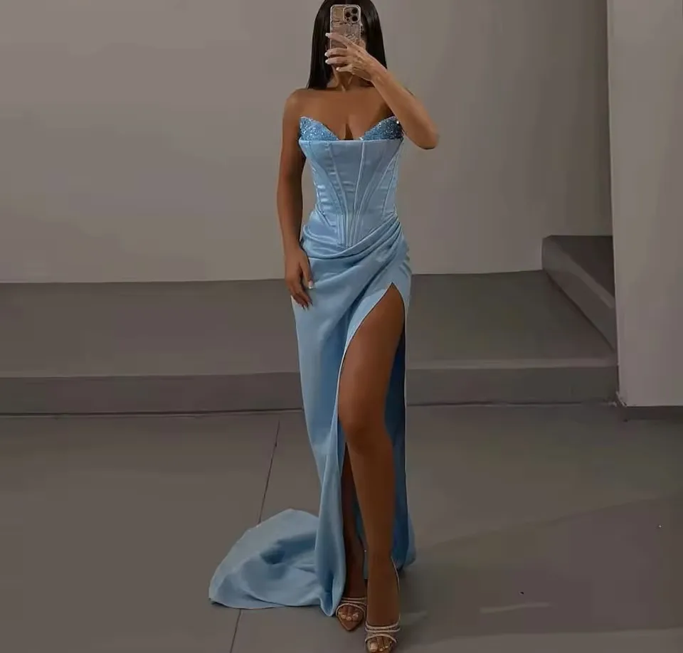 Modern Sky Blue Prom Formal Dresses Sweetheart Sleeveless Beads Sequins Satin Long Evening Pageant Birthday Robe De Soriee