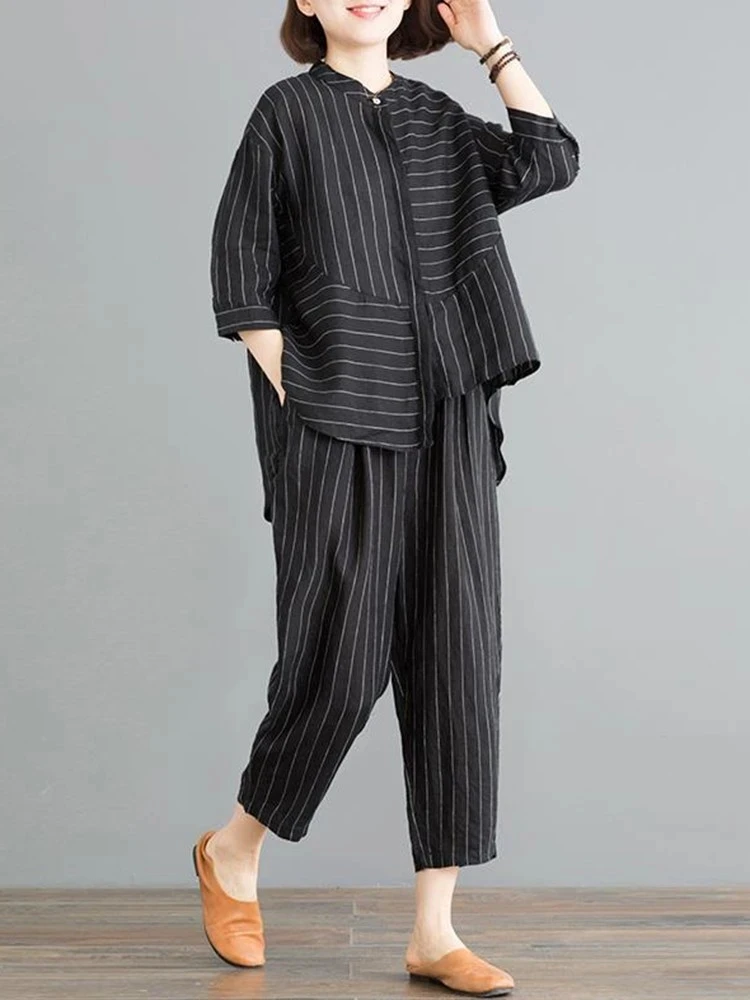 

2 Piece Sets Pajamas for Women Casual Pants Suits 2023 New Vintage Style Loose Striped Female Shirts And Harem Pants Home Suit