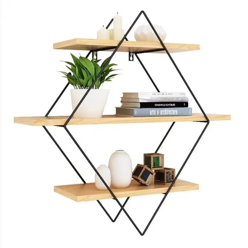 for Kitchen Bathroom Geometric Rhombus Wall Mounted Wooden Storage Rack with Guide Rail