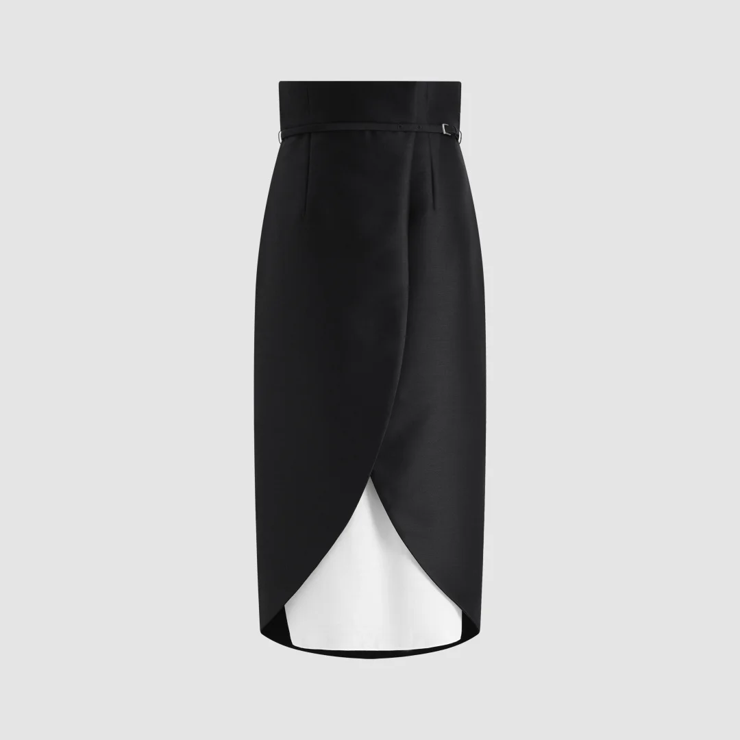 Women Elegant Wool‑Blend Wrap Midi Skirt High‑Waist Adjustable Belt Overlay Slit Office Business Party Ladies Pencil Skirt