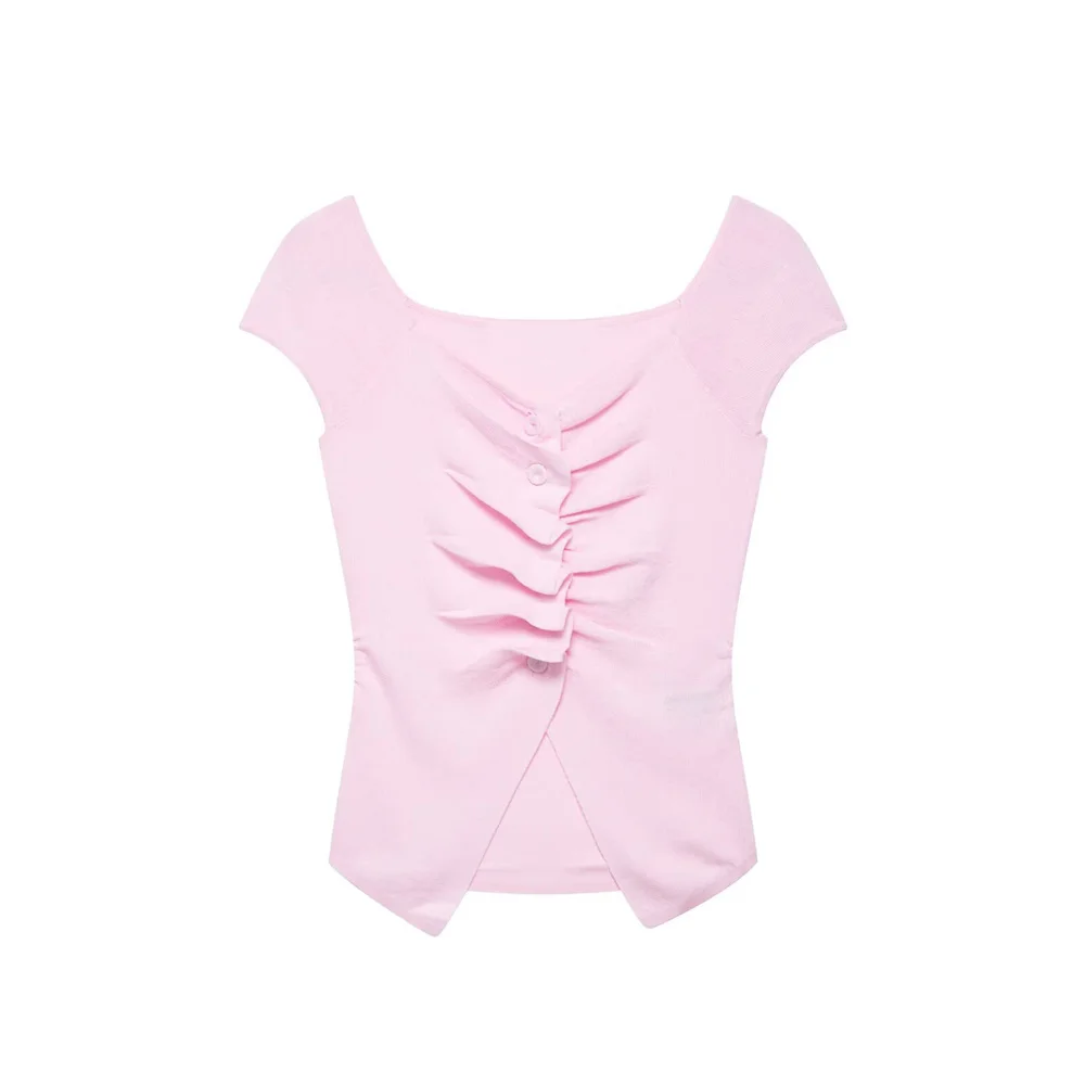 

Женский модный плиссированный декор с круглым вырезом, вязаный однотонный темпераментный летний новый топ