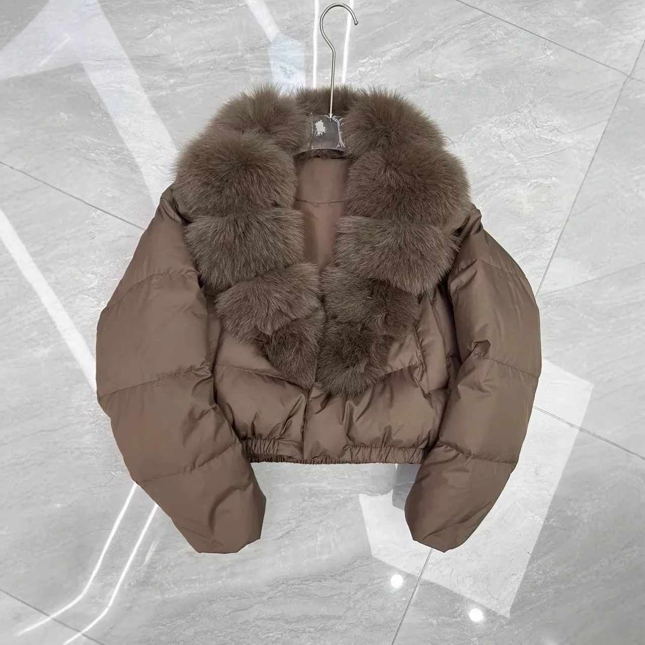 Luxury Thick Faux Fox Fur Collar Cropped Cotton Jacket Women Oversized Lapel Zip Up Short Warm Windproof Winter Outerwear Jacket
