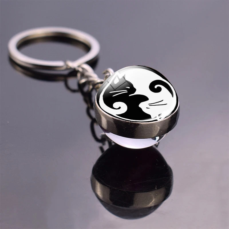 Double Side Yin Yang Tai Chi Keychain Glass Ball Pendant Zen Meditation Symbol Key Chain Key Rings Car Keyfob