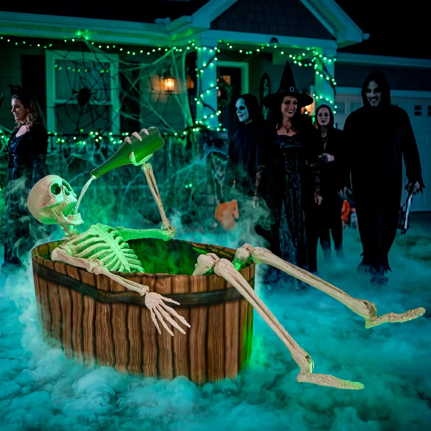 Halloween Outdoor Decoration, 5ft Life-Size Animatronic Drinking Skeleton Haunted Prop with Endless Liquid Pouring Effect, Green LED Lights and Spooky Sounds for Garden Yard Lawn 2