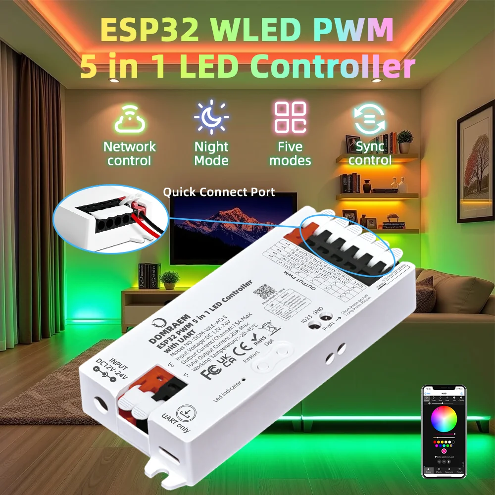 

DOMRAEM ESP32 WLED Controller with UART 5-in-1 for RGB RGBW RGBCCT LED Strip Works with Alexa Google Home Assistant PWM Dimming