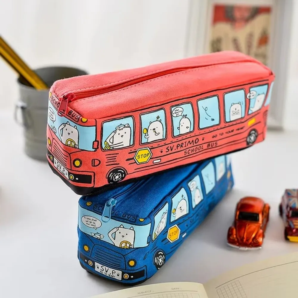 Large Capacity School Bus Pencil Case Zipper Closure Creative Design Pencil Bag Canvas Material Cartoon Pattern Stationery Box