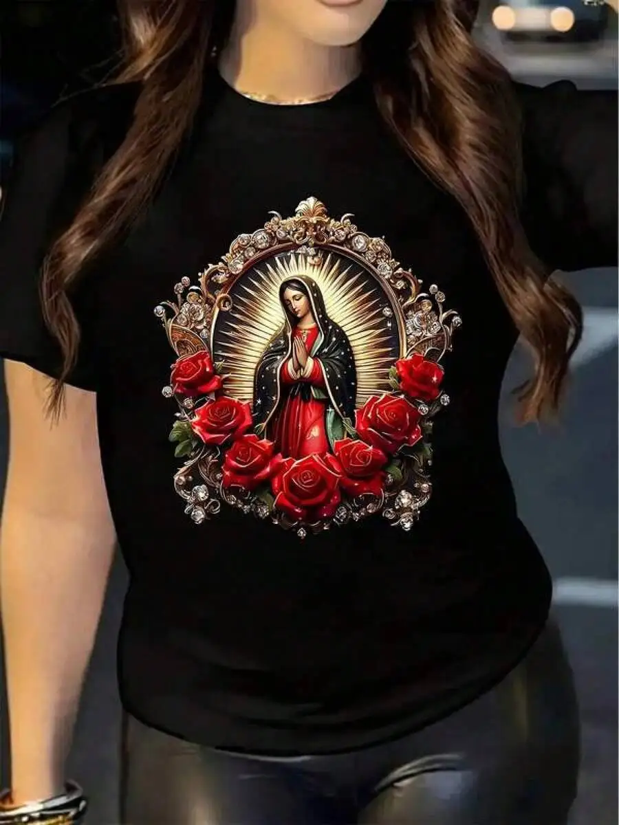 Camiseta gráfica de algodón, talla grande, moda de primavera y verano, nuevo estilo, Virgen María rezando por mí