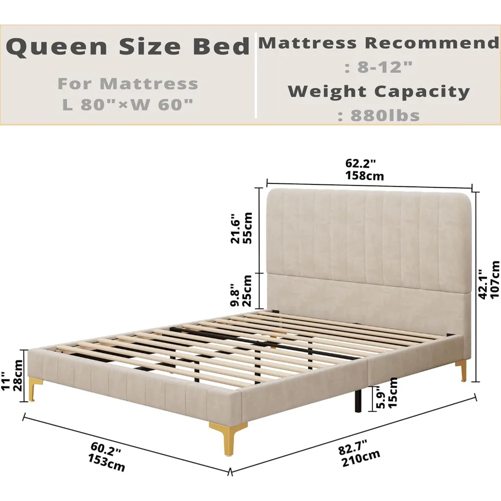 Upholstered Bed Frame Queen, Velvet Bed Frame Queen Size Bed Frame with Headboard,  No Box Spring Needed, Beige