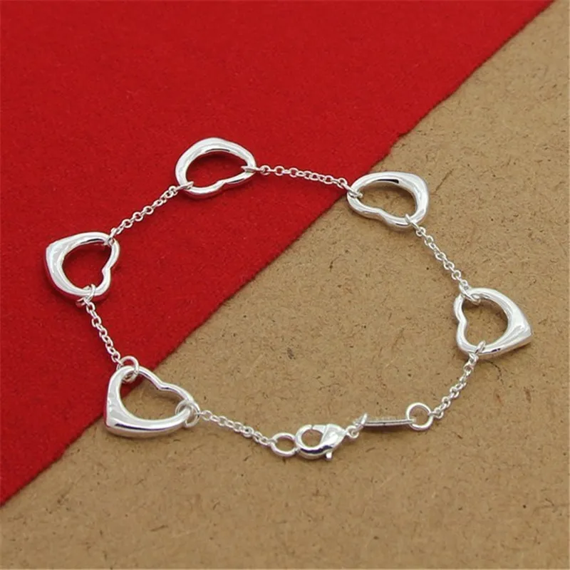 

925 Sterling Silver 8 Inch 20cm Luxury Heart Shaped Hollow Bracelet Women Gift Wedding Party Temperament