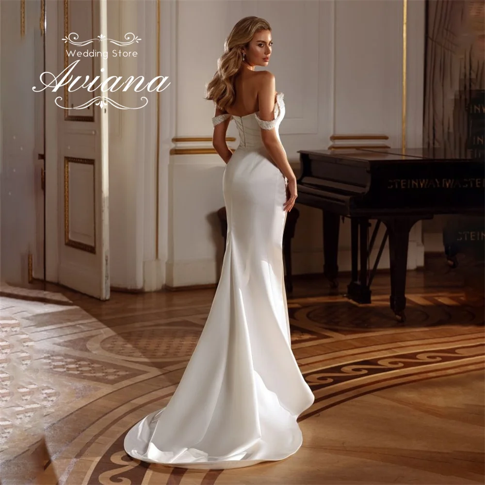 アヴィアナ カスタマイズされたマーメイド ハイ スプリット ビーズ ウェディング ドレス パール スパンコール オフザショルダー フロアレングス コート トレイン フリル 新しい