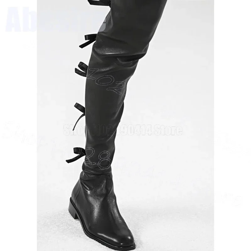 Schwarze Schleife, Knoten, quadratische Zehen, Oberschenkelhohe Stiefel, seitlicher Reißverschluss, Damenschuhe, klobige Absätze, Party, Bankett, Landebahn, 2025, Zapatos Para Mujere