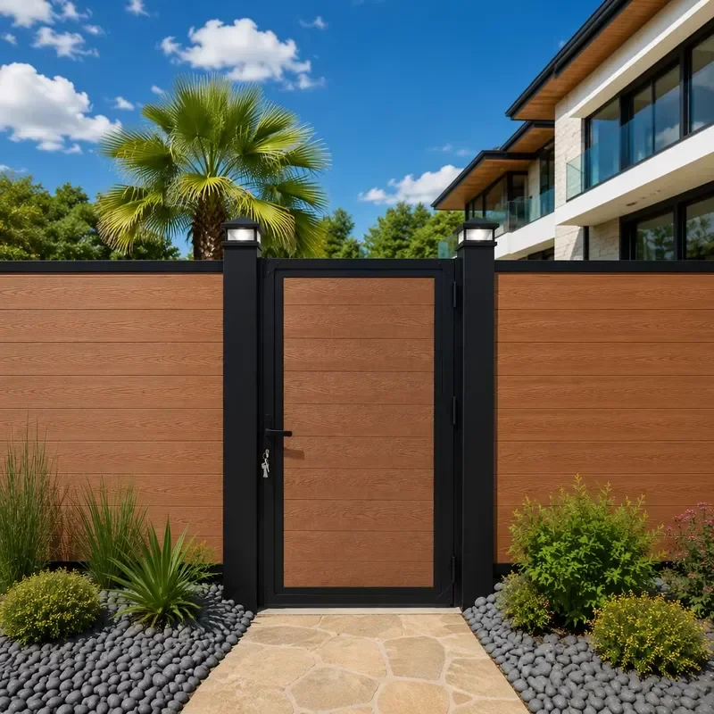 Eco-Friendly CE Certified WPC Gate Aluminum Frame 3D Wood Grain Outdoor Garden Privacy Fence Custom