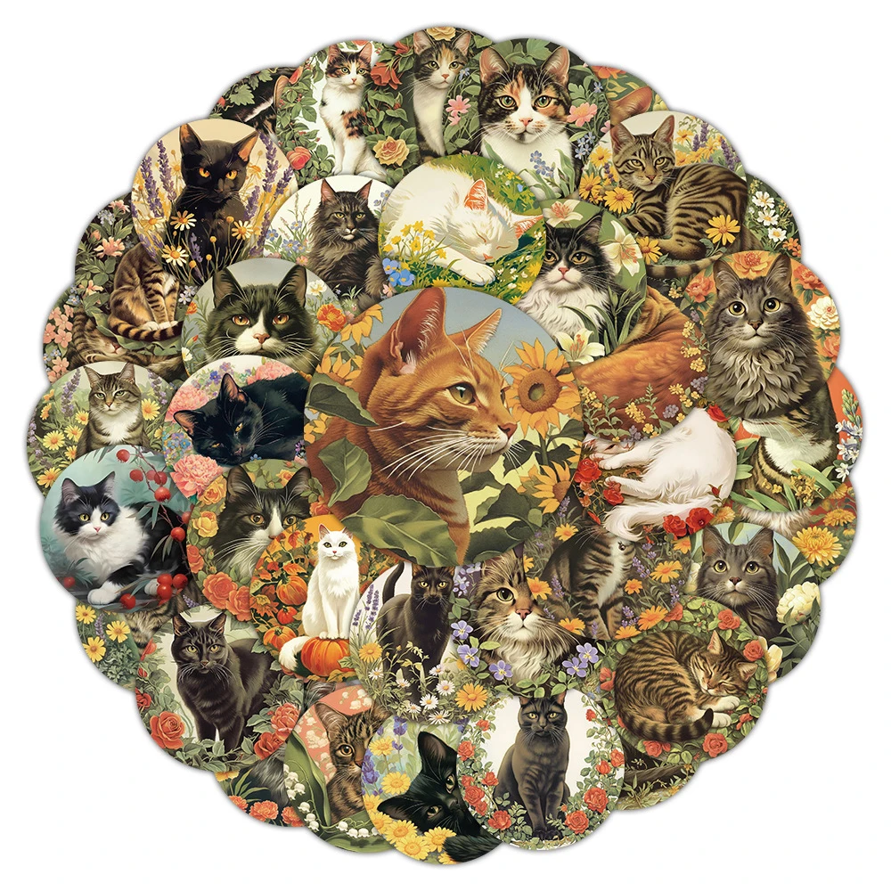 

10/30/50pcs Retro Cute Cat Plant Flower Stickers Cartoon Vintage Aesthetic Decals Water Bottle Phone Case Luggage Sticker Decor