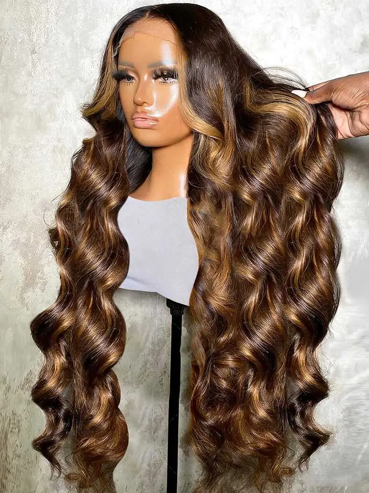 

4/27 Honey Blonde Body Wave HD Lace Front Wig Human Hair 13x6 HD Transparent 36Inch Highlight Ombre Lace Front Human Wigs