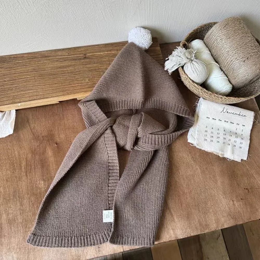 Cute 2-in-1 Knitted Balaclava Knitted Ear Protection Kids Winter Hat Attached Scarf Stretch Fit Hat Scarf Combo Winter