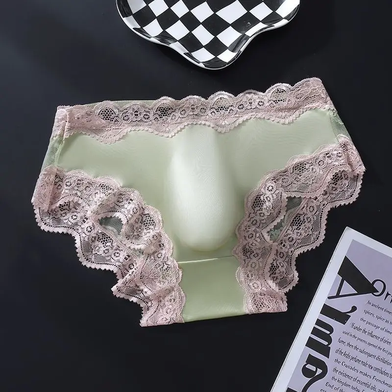 Man;s Silky Touch Lace Hem Sheer Sexy Panties Briefs DJ Club Bar BF LGBTQ Dance Live Thai Harajuku