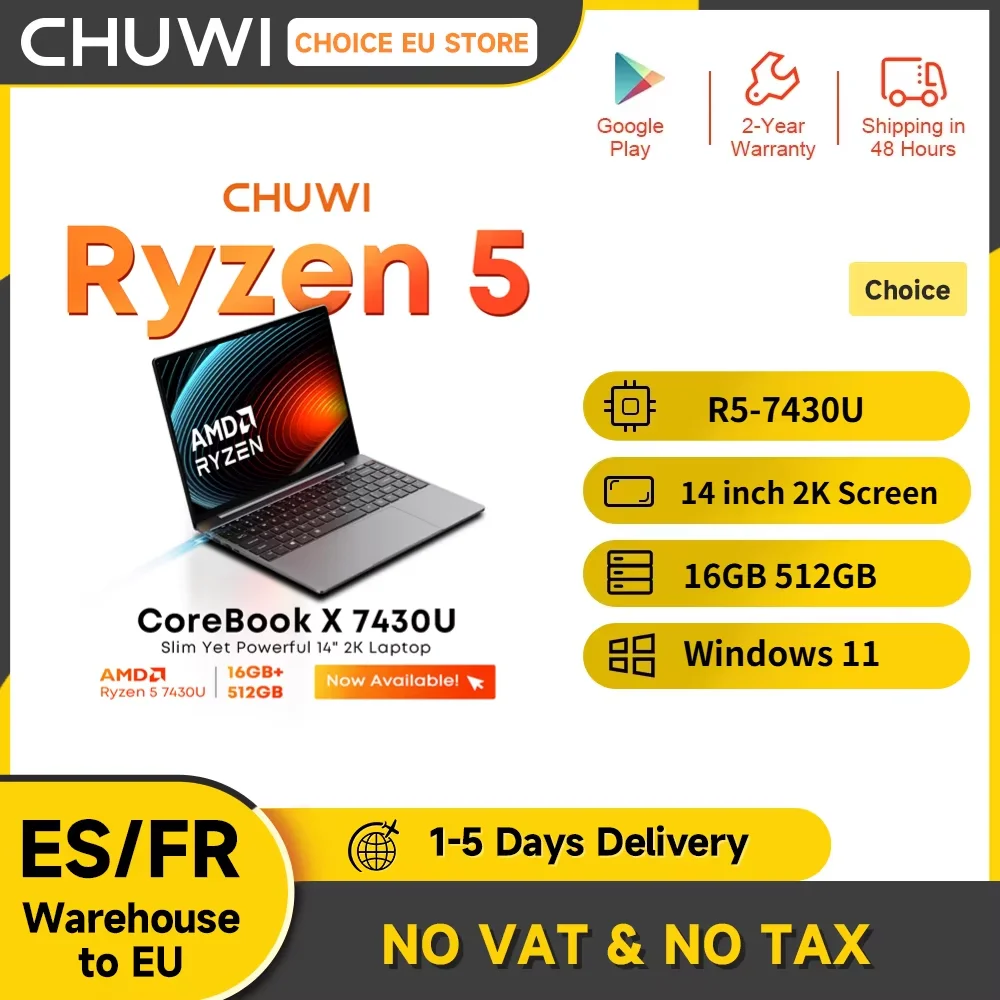 CHUWI CoreBook X AMD R5-7430U 2025 nouvel ordinateur portable 6 cœurs 14.1 pouces 2K écran IPS 16GB DDR4 RAM 512GB SSD jusqu'à 4.3 Ghz ordinateur portable