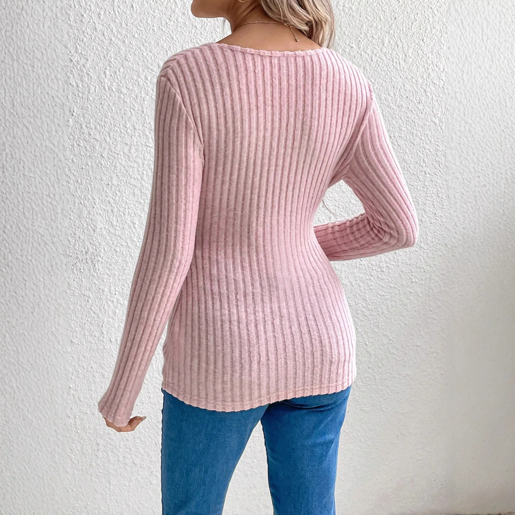 2026 New Autumn Winter V Neck Knit Top Long Sleeve Waist Tie Basic Layering Shirt Casual Fashion Slim Fit Blouse For Women Wear