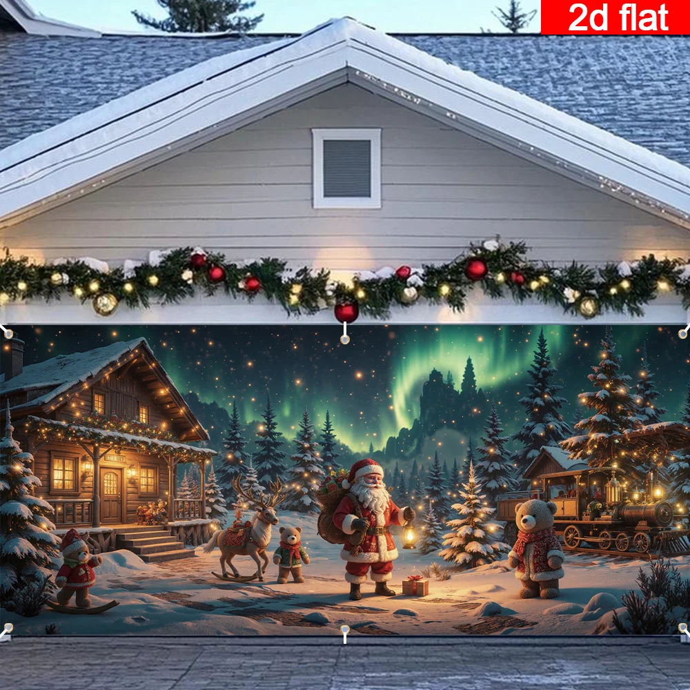 2D-Türflagge 2D flach, 1-teiliges Weihnachtsbanner für Garagentore – bequeme Hütte, Weihnachtsmann mit Geschenken, Heimdekoration