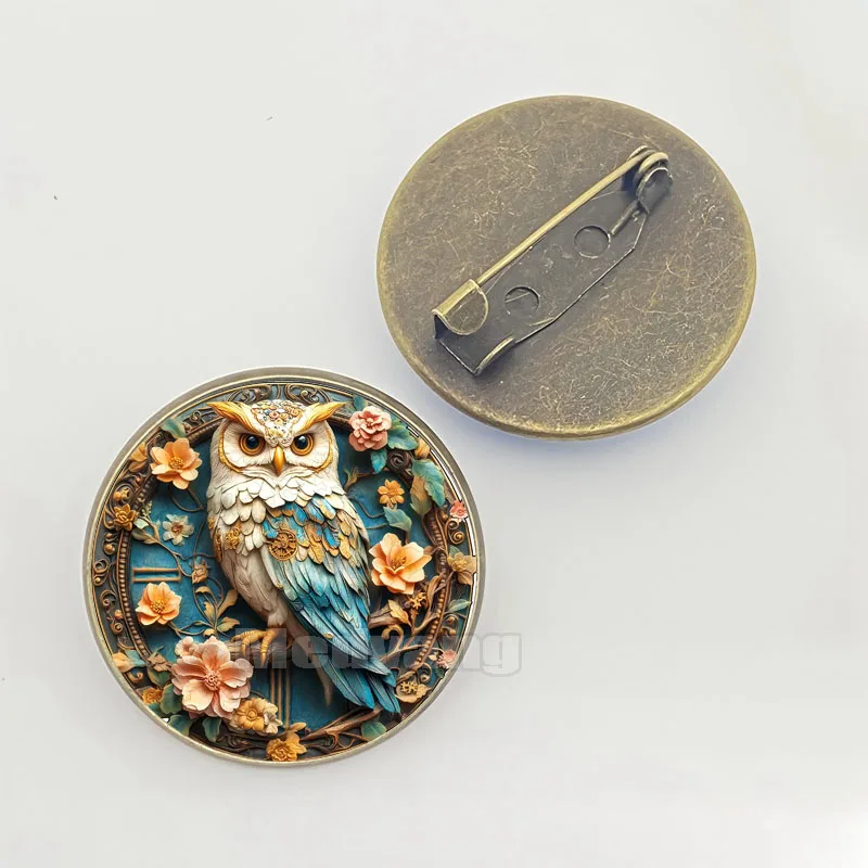 Exquisite owl brooch with owl pattern glass dome pins