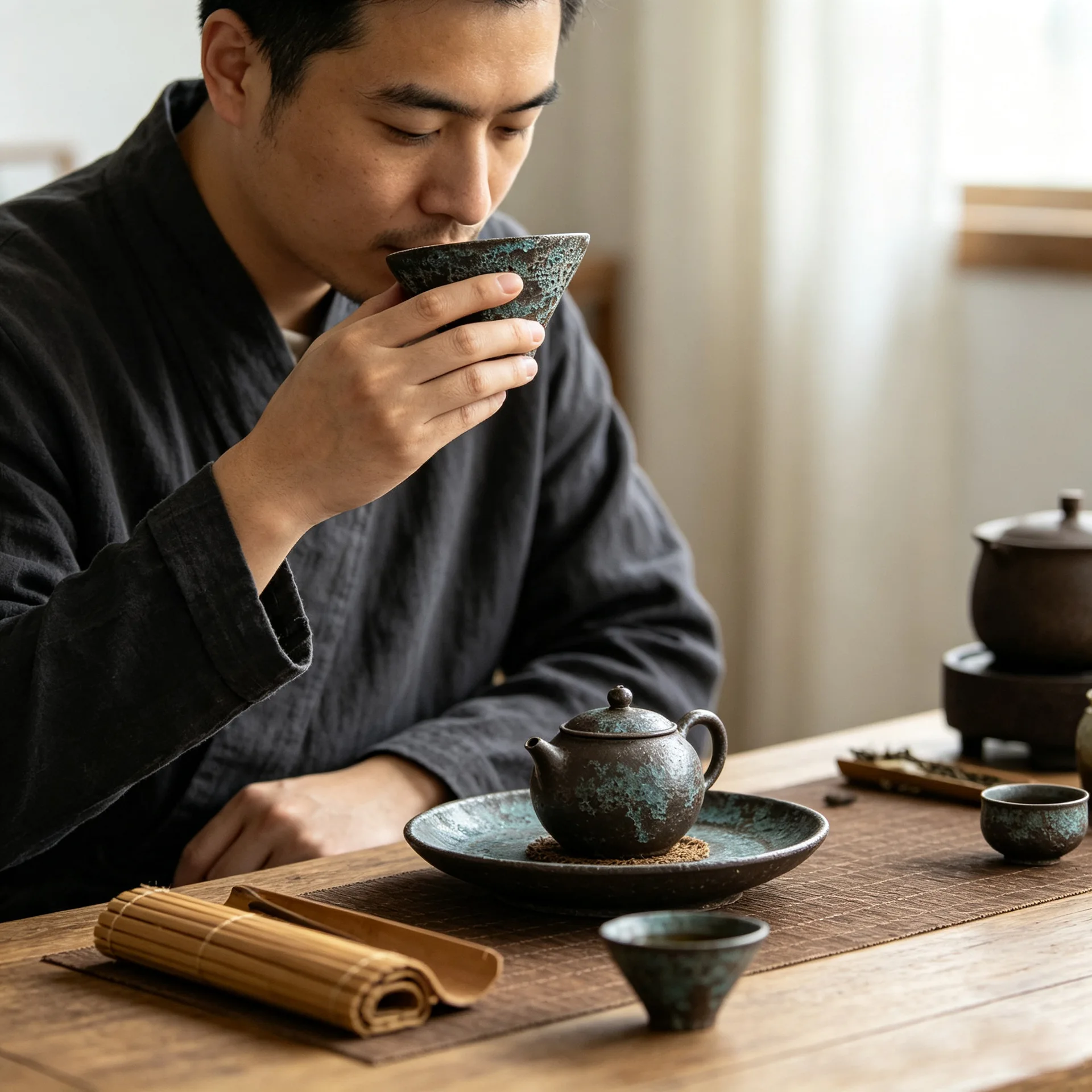Handmade Retro Coarse Pottery Teacup, Bronze Spot Texture Large Bamboo Hat Master Cup, Bug Hole Grain Kung Fu Tea Tasting Cup