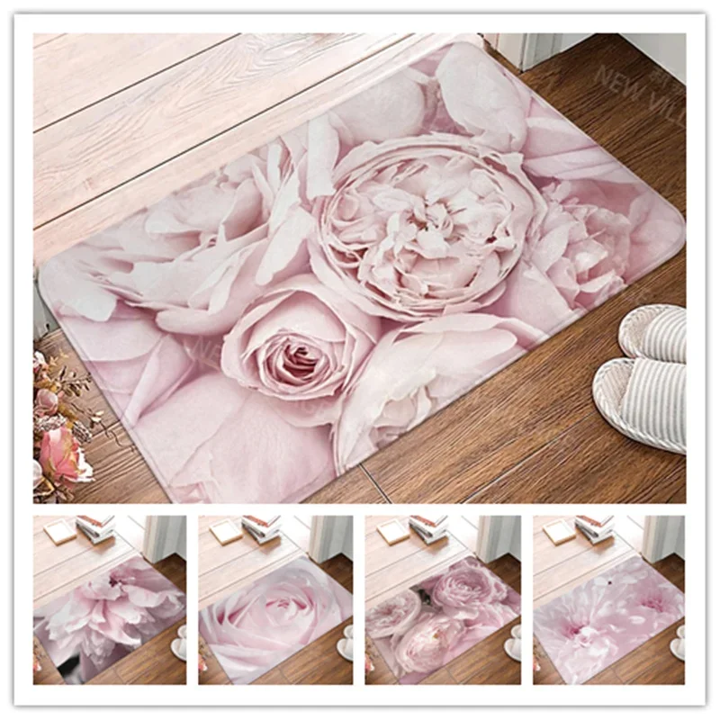 Beautiful Pink Flowers Super Absorbent Bath Mat Shower Room Carpet Bedroom Bedside Decor Rugs Diatom Mud Non Slip Kitchen Rug