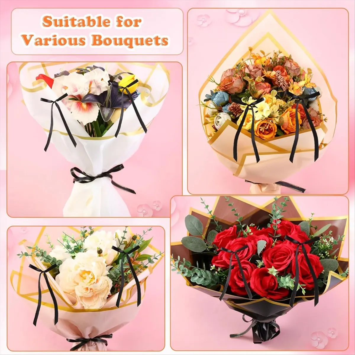 

285 Pcs Flower Bouquet Wrapping-Paper Kits, with Ribbon and 48 Black Bows 100 Pearl Pins for Wedding Birthday Party Gift