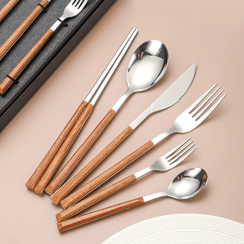 16/20/24pcs Stainless Steel Plastics Handle Cutlery Set Dinnerware Western Tableware Chopsticks Knife Fork Tea Spoon Silverware