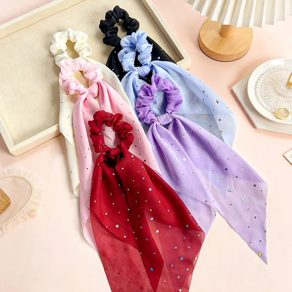 2pcs Rhinestone Chiffon Ribbon Scrunchies, Gentle & Ethereal, For Daily Hair Tying, Dating & Party Looks - view 2