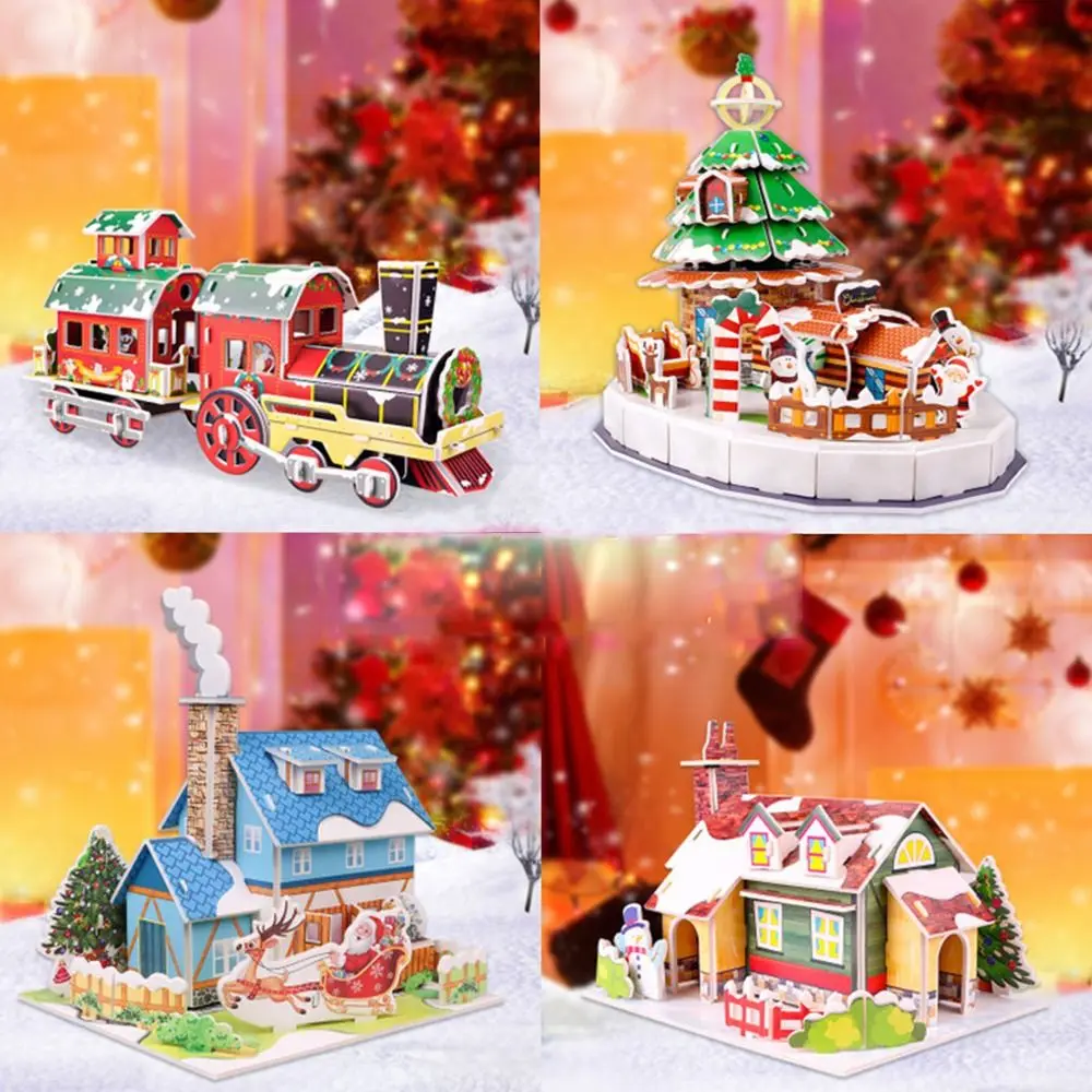 Christmas House Christmas 3D Puzzle Train Christmas Tree Paper Card Jigsaw Assembly Building Blocks DIY Children Model