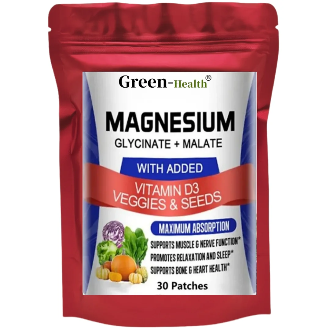Complejo de glicinar y malato de magnesio con vitamina D3 - Parches de absorción máxima para huesos, corazones, dormir, nervios - 30 parches