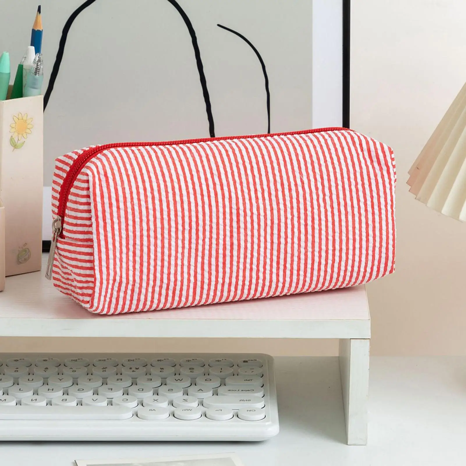 Cute Striped Pencil Case Small Travel Pouch with Zipper Large Capacity Portable Stationery Bag for School Office Girls ﻿