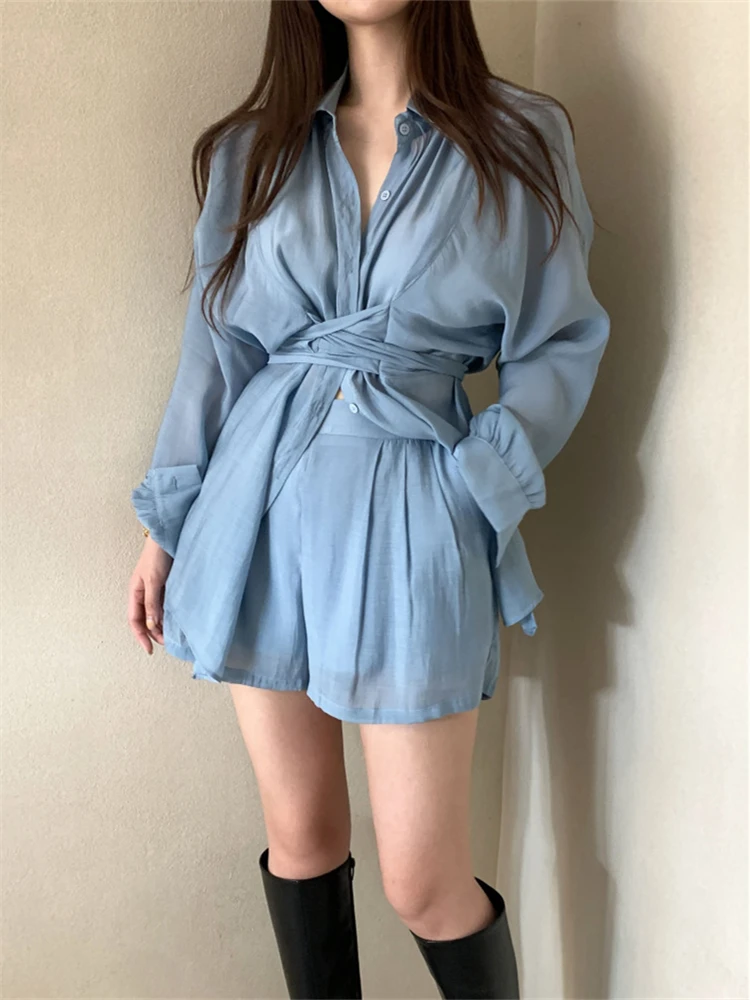 2024 Oversize Solid Girls Summer Blouse Women Suit Short Sleeves Shirt Tops High Waist Wide Leg Trousers Two Piece Shorts Suits