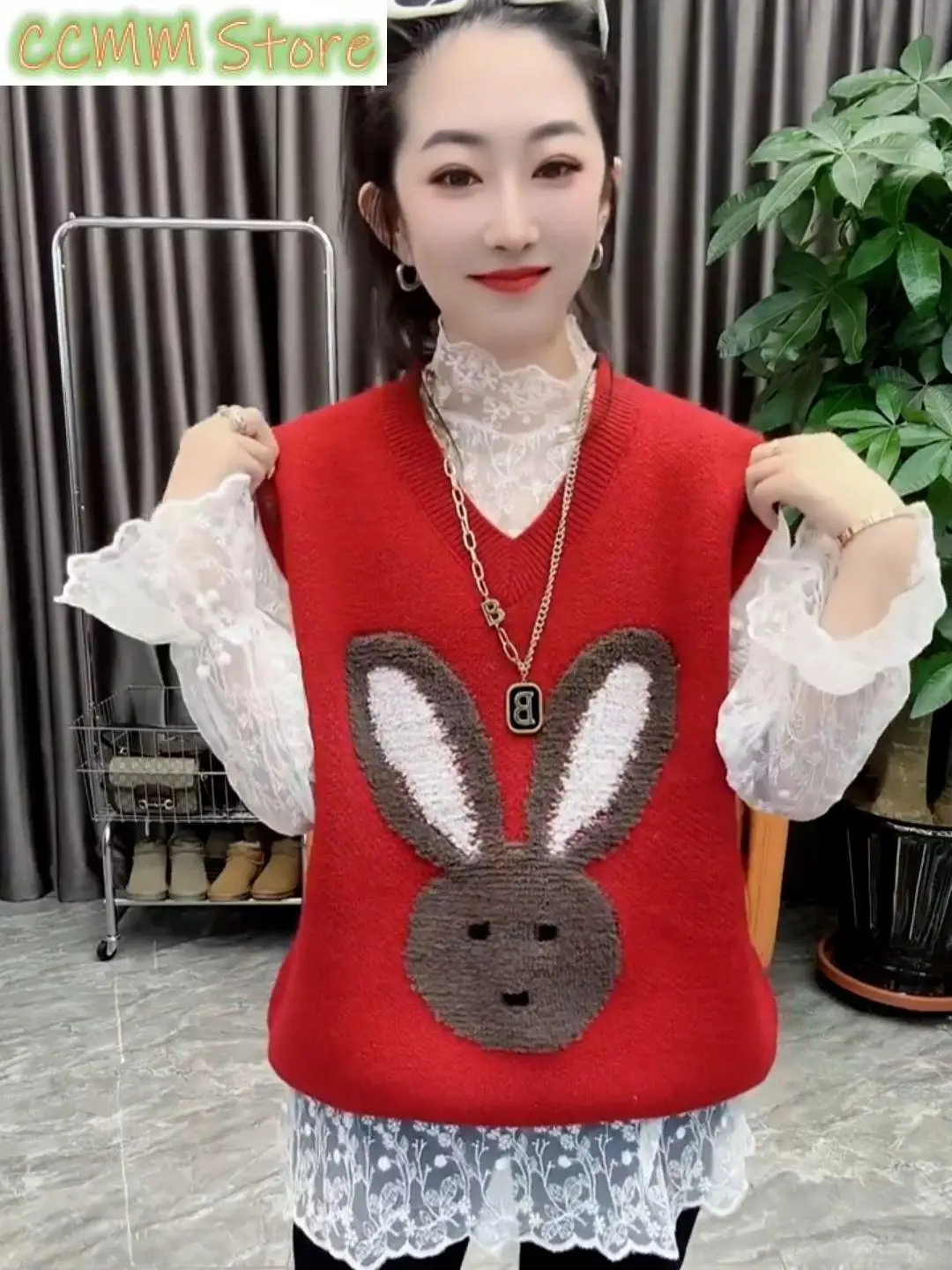 

New Spring Autumn Rabbit Cartoon Embroidery Knitted Vest for Women Loose V-neck Sleeveless Tank Top for Women